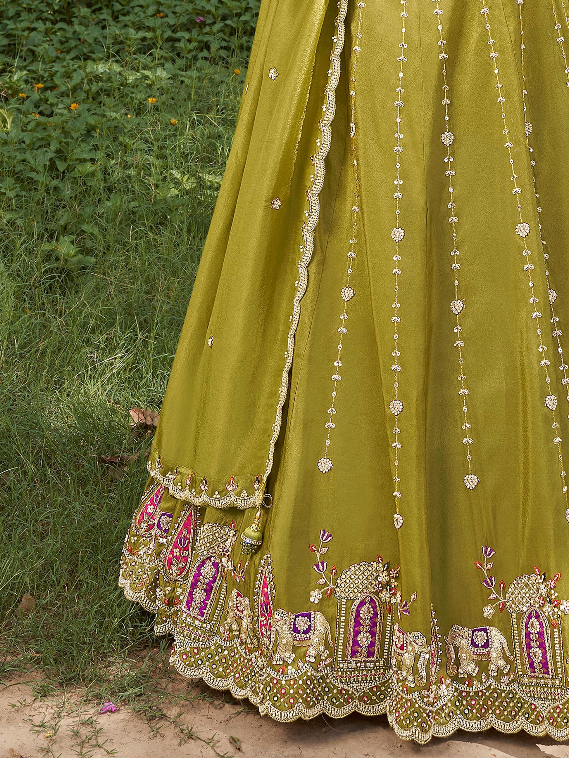 Stunning Green Bead Embroidered Tissue Wedding Wear Lehenga Choli With Dupatta