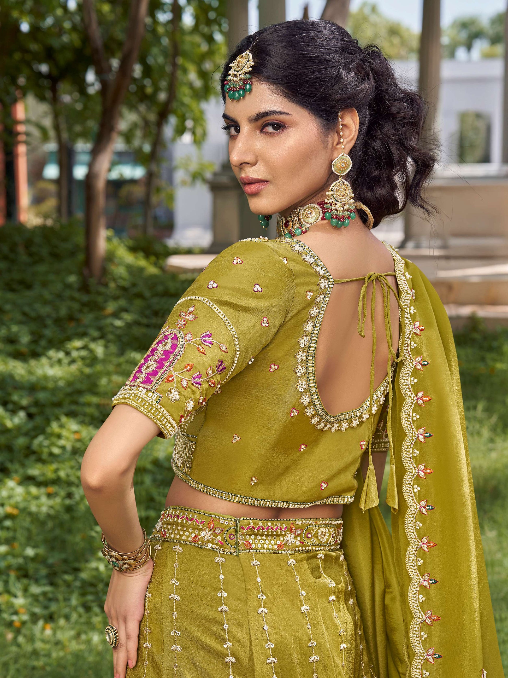 Stunning Green Bead Embroidered Tissue Wedding Wear Lehenga Choli With Dupatta