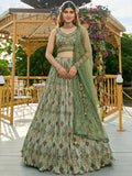 Astonishing Green Sequins Chinon Mehendi Wear Lehenga Choli With Dupatta