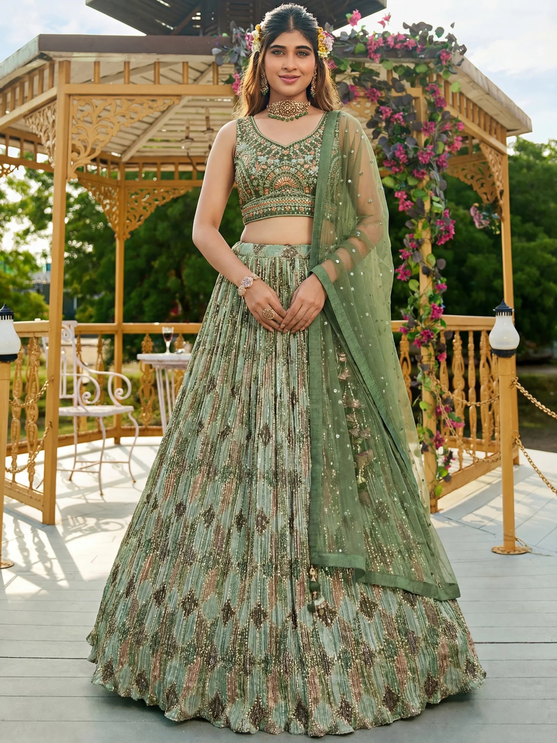 Astonishing Green Sequins Chinon Mehendi Wear Lehenga Choli With Dupatta