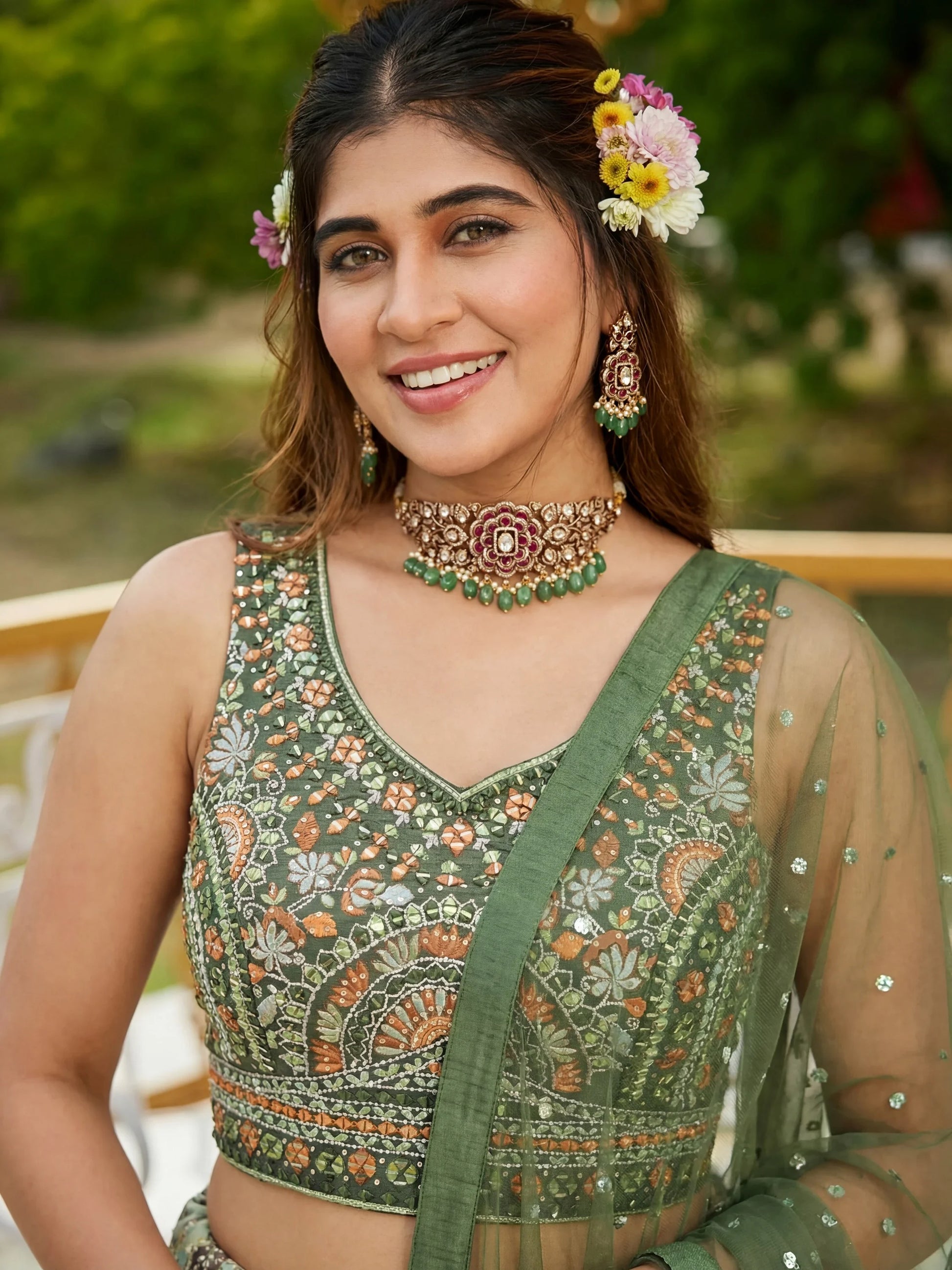 Astonishing Green Sequins Chinon Mehendi Wear Lehenga Choli With Dupatta