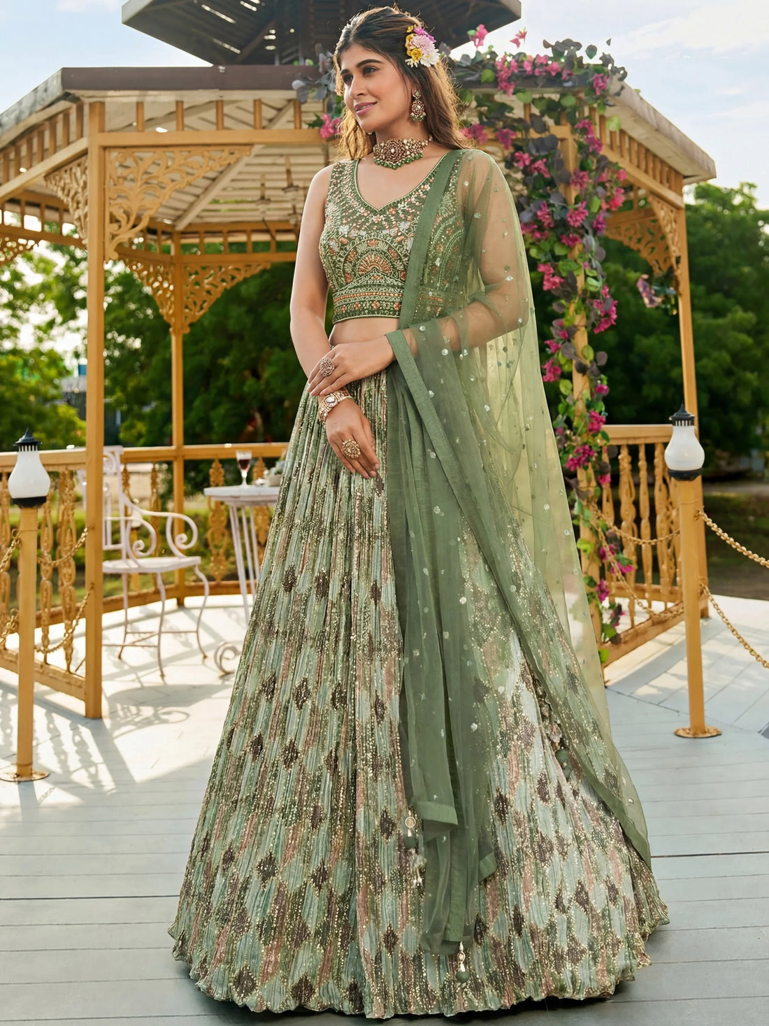 Astonishing Green Sequins Chinon Mehendi Wear Lehenga Choli With Dupatta