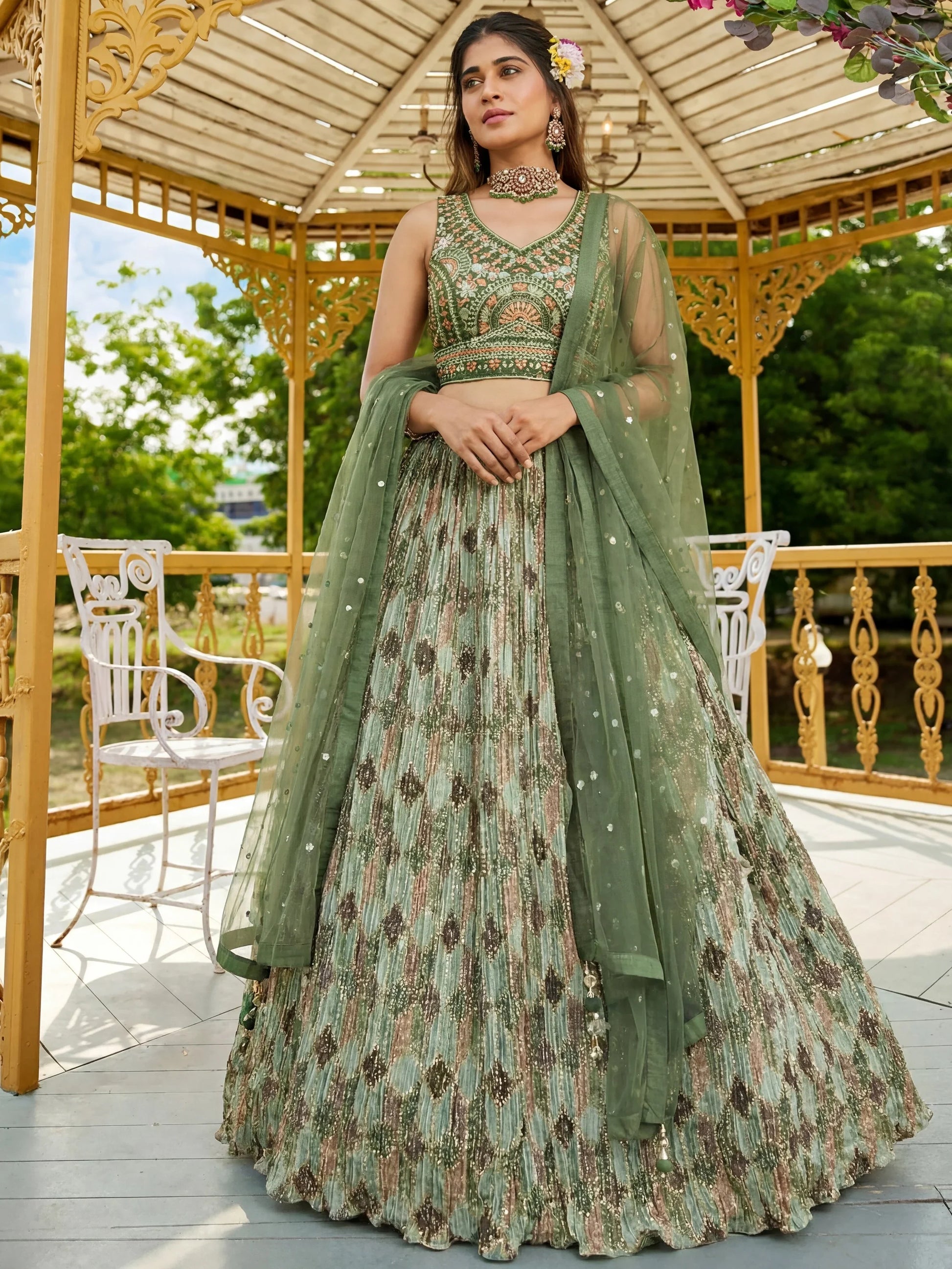 Astonishing Green Sequins Chinon Mehendi Wear Lehenga Choli With Dupatta
