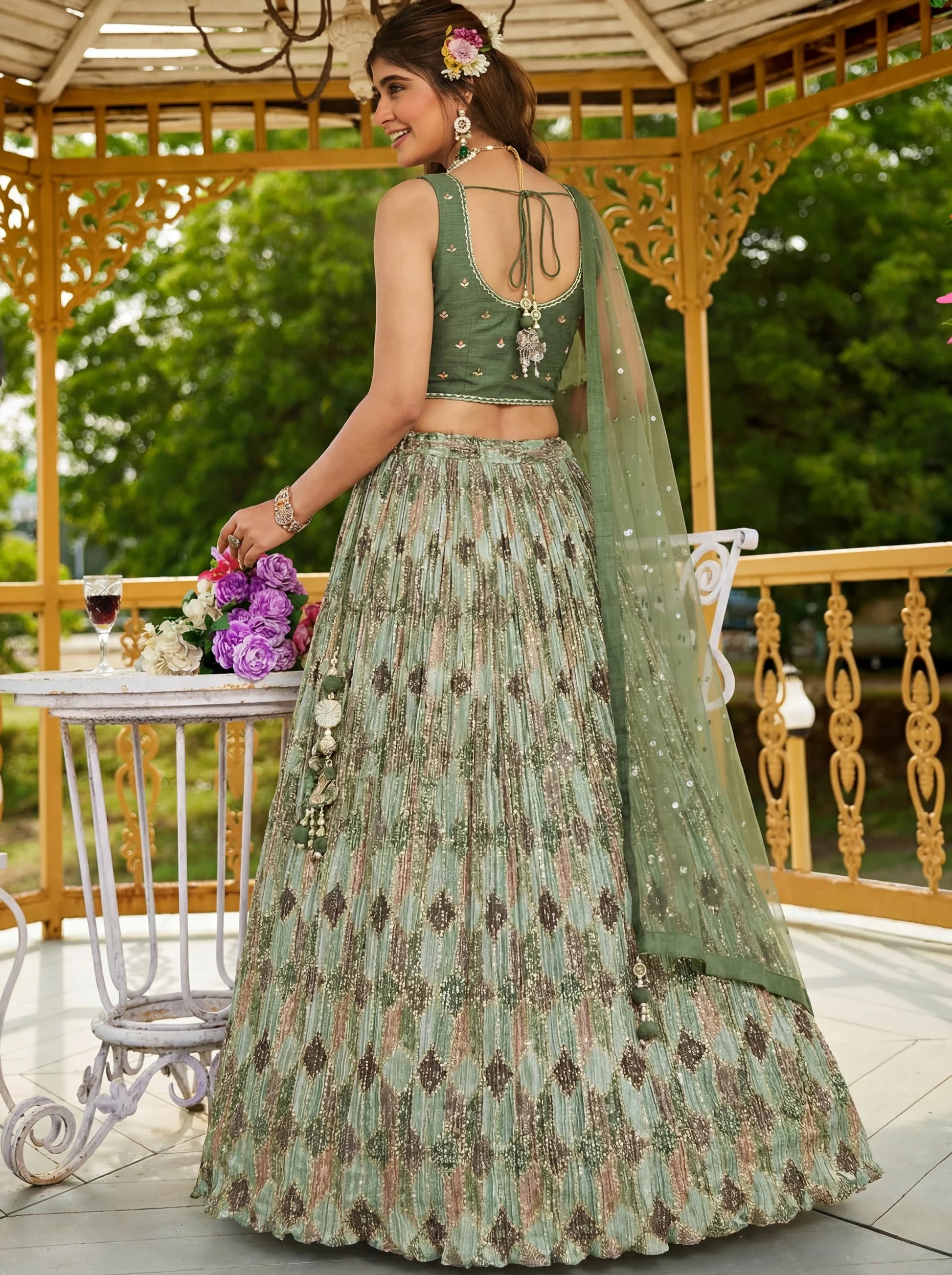 Astonishing Green Sequins Chinon Mehendi Wear Lehenga Choli With Dupatta