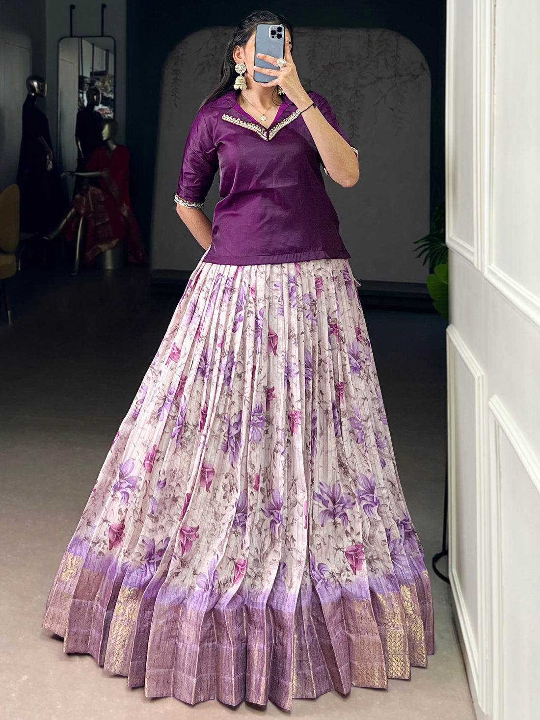 Enchanting Purple Floral Printed Dola Silk Event Wear Co-Ord Lehenga Set