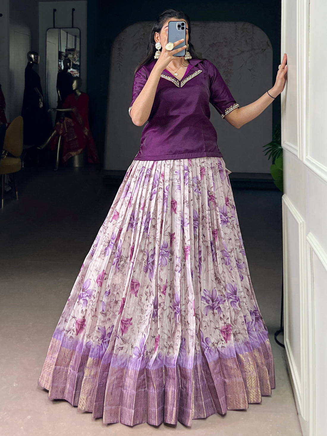 Enchanting Purple Floral Printed Dola Silk Event Wear Co-Ord Lehenga Set