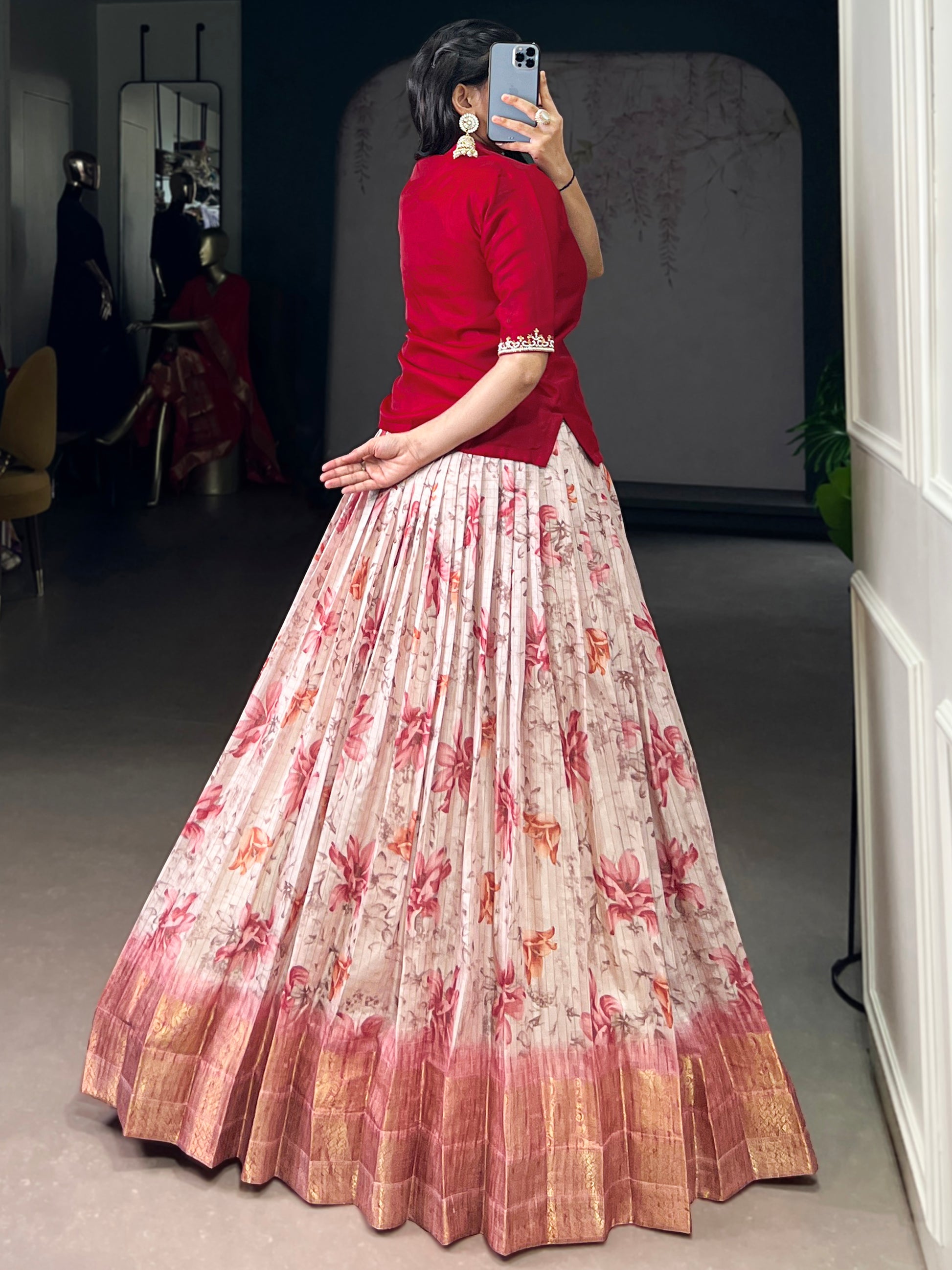 Sparkling Red Floral Printed Silk Festival Wear Co-Ord Lehenga Choli Set