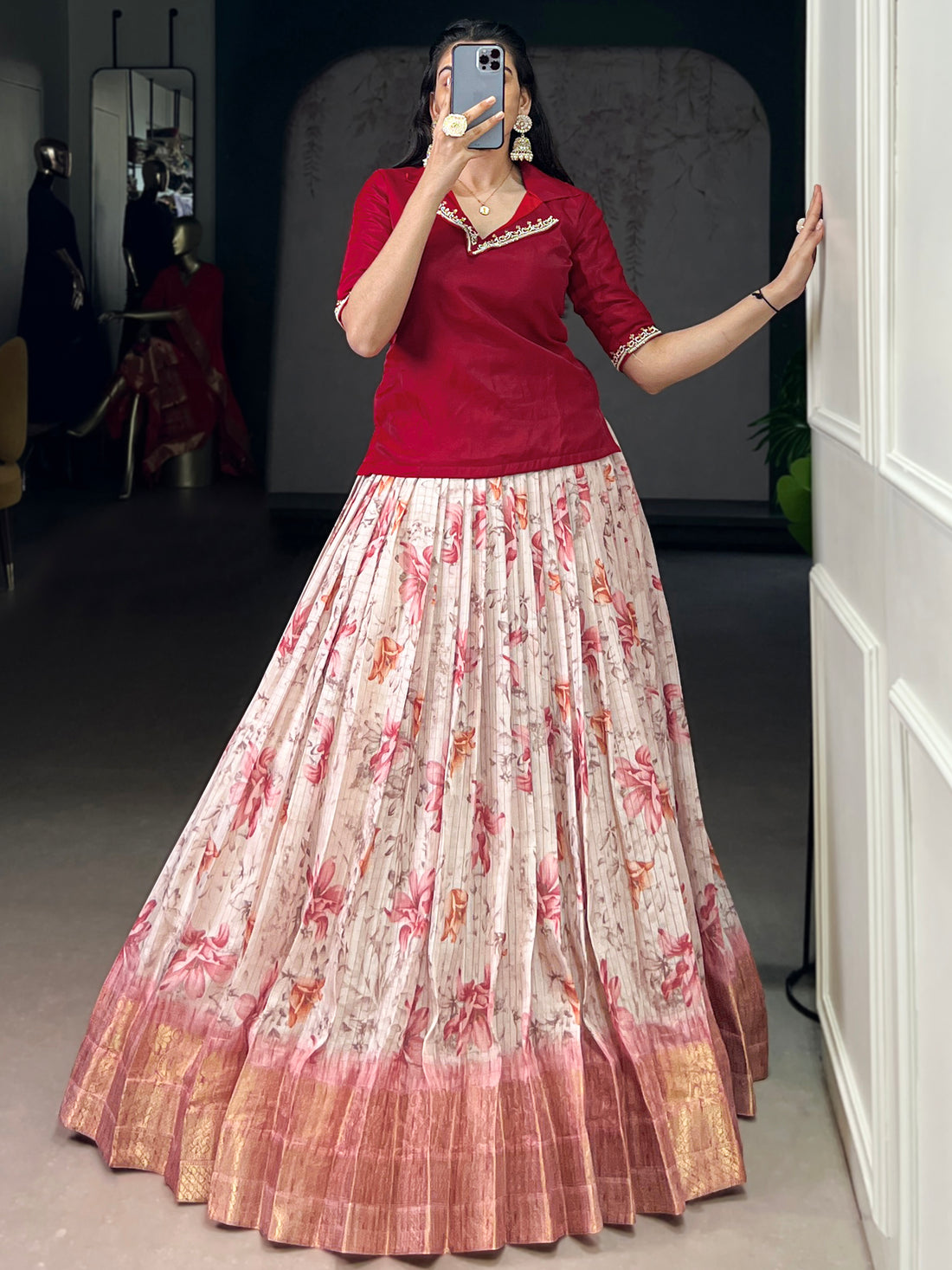 Sparkling Red Floral Printed Silk Festival Wear Co-Ord Lehenga Choli Set