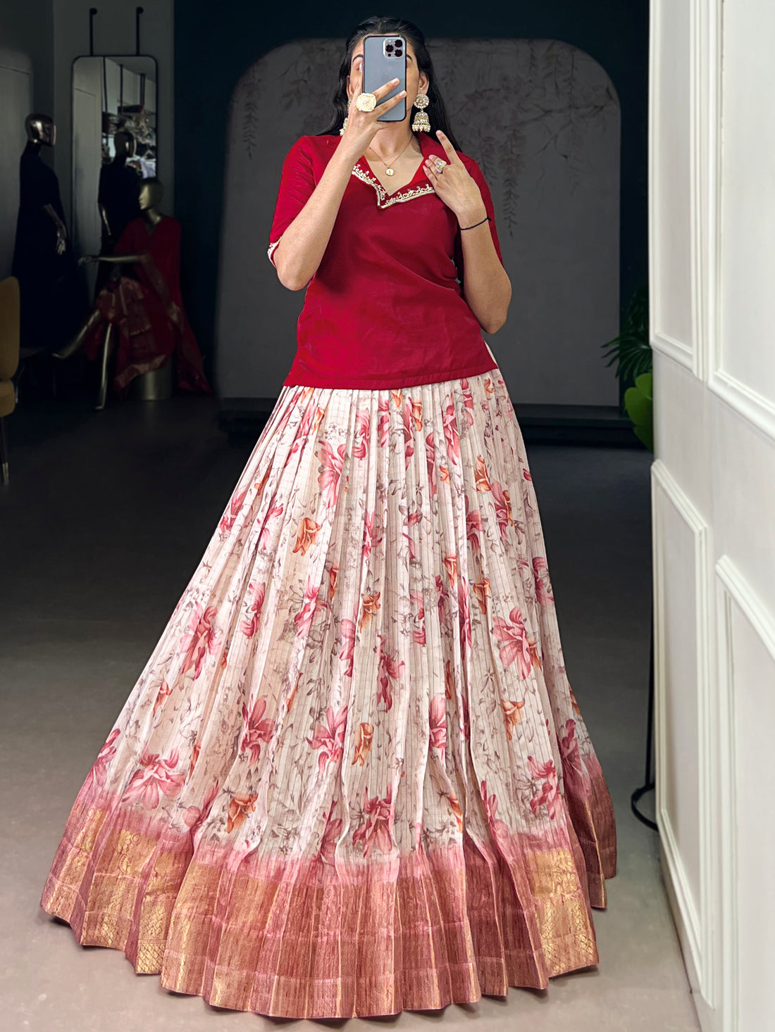 Sparkling Red Floral Printed Silk Festival Wear Co-Ord Lehenga Choli Set
