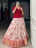 Sparkling Red Floral Printed Silk Festival Wear Co-Ord Lehenga Choli Set