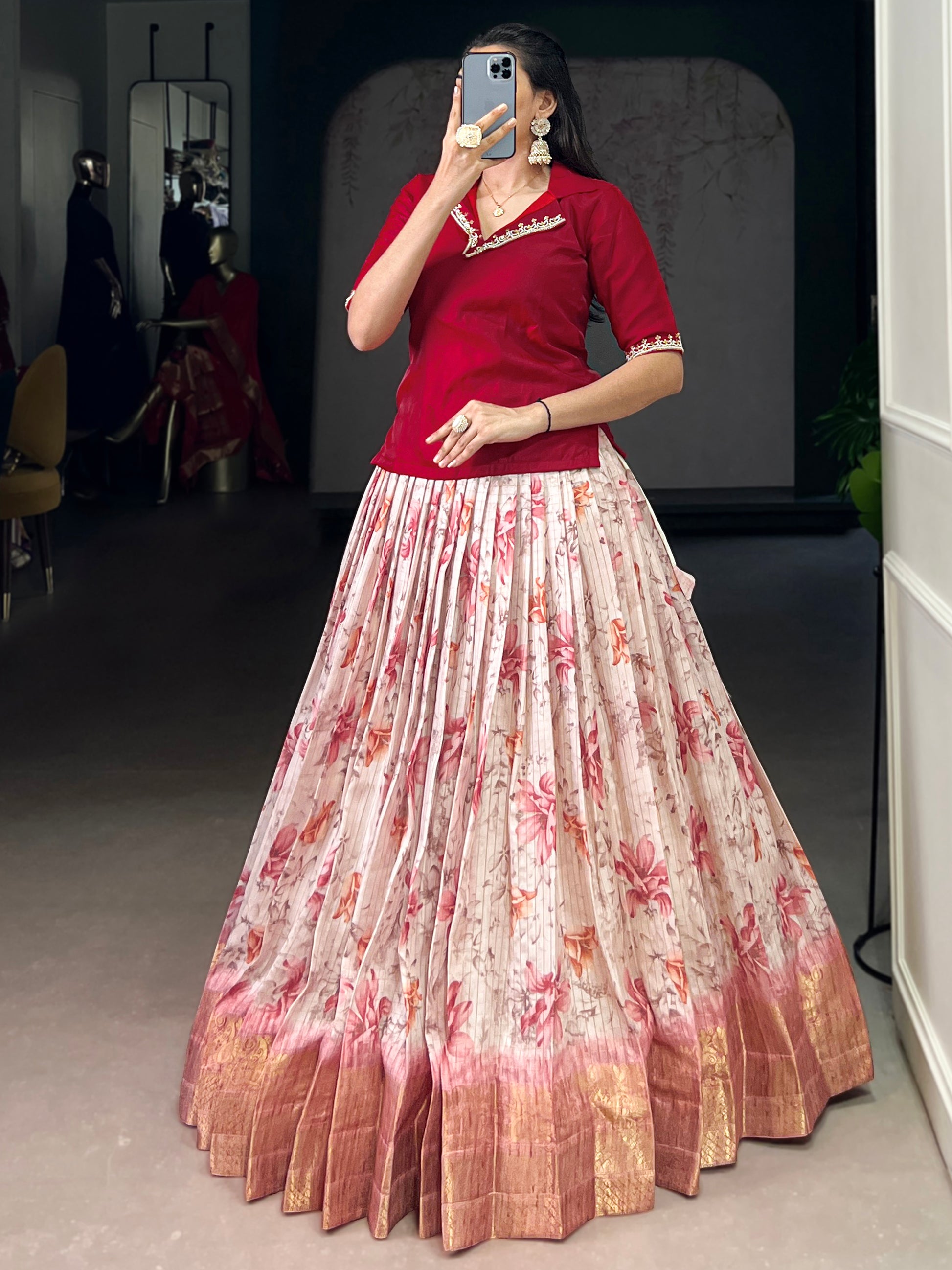 Sparkling Red Floral Printed Silk Festival Wear Co-Ord Lehenga Choli Set