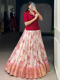 Sparkling Red Floral Printed Silk Festival Wear Co-Ord Lehenga Choli Set