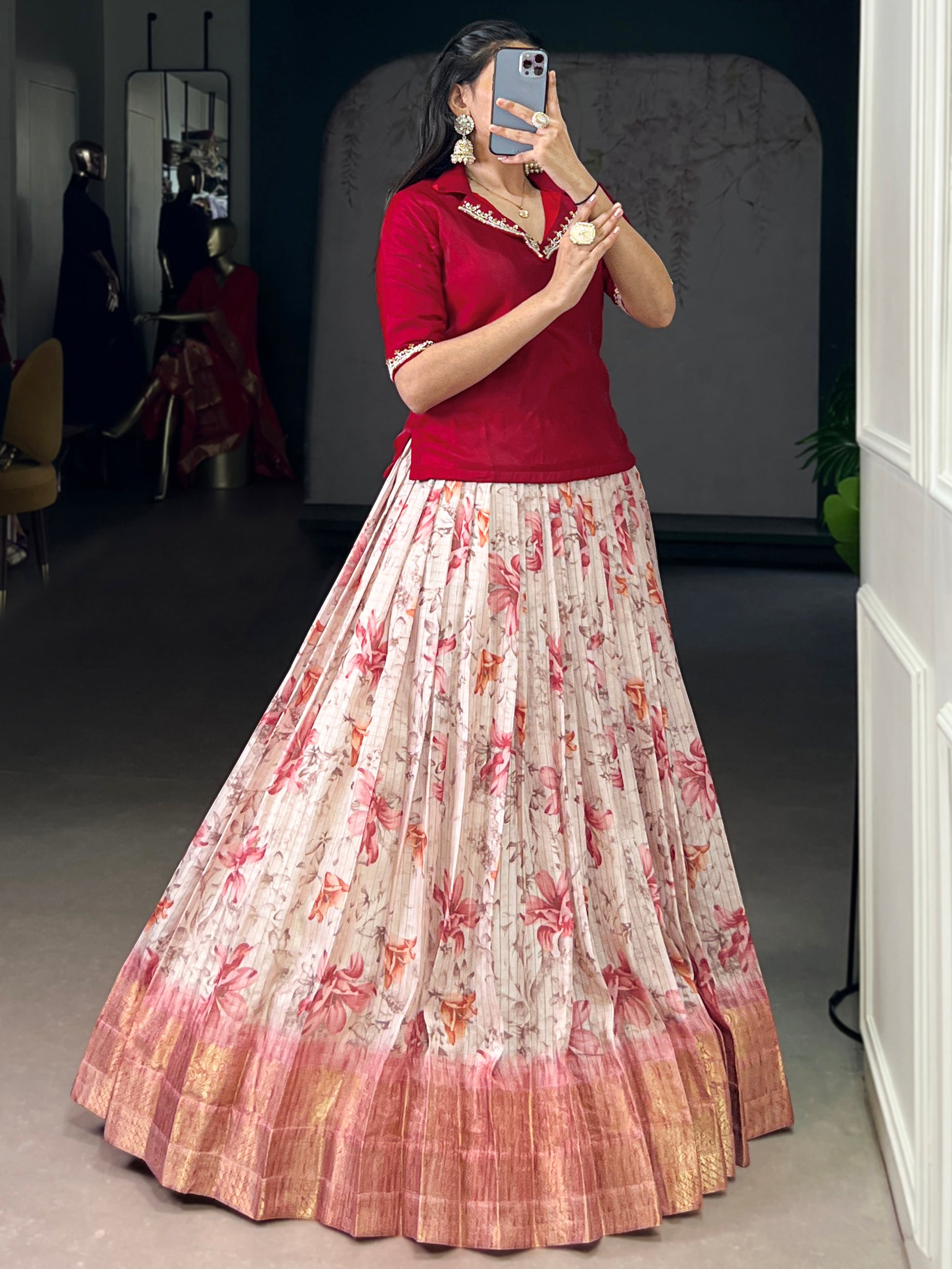 Sparkling Red Floral Printed Silk Festival Wear Co-Ord Lehenga Choli Set