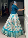 Precious Teal Blue Floral Printed Silk Traditional Co-Ord Lehenga Choli Set