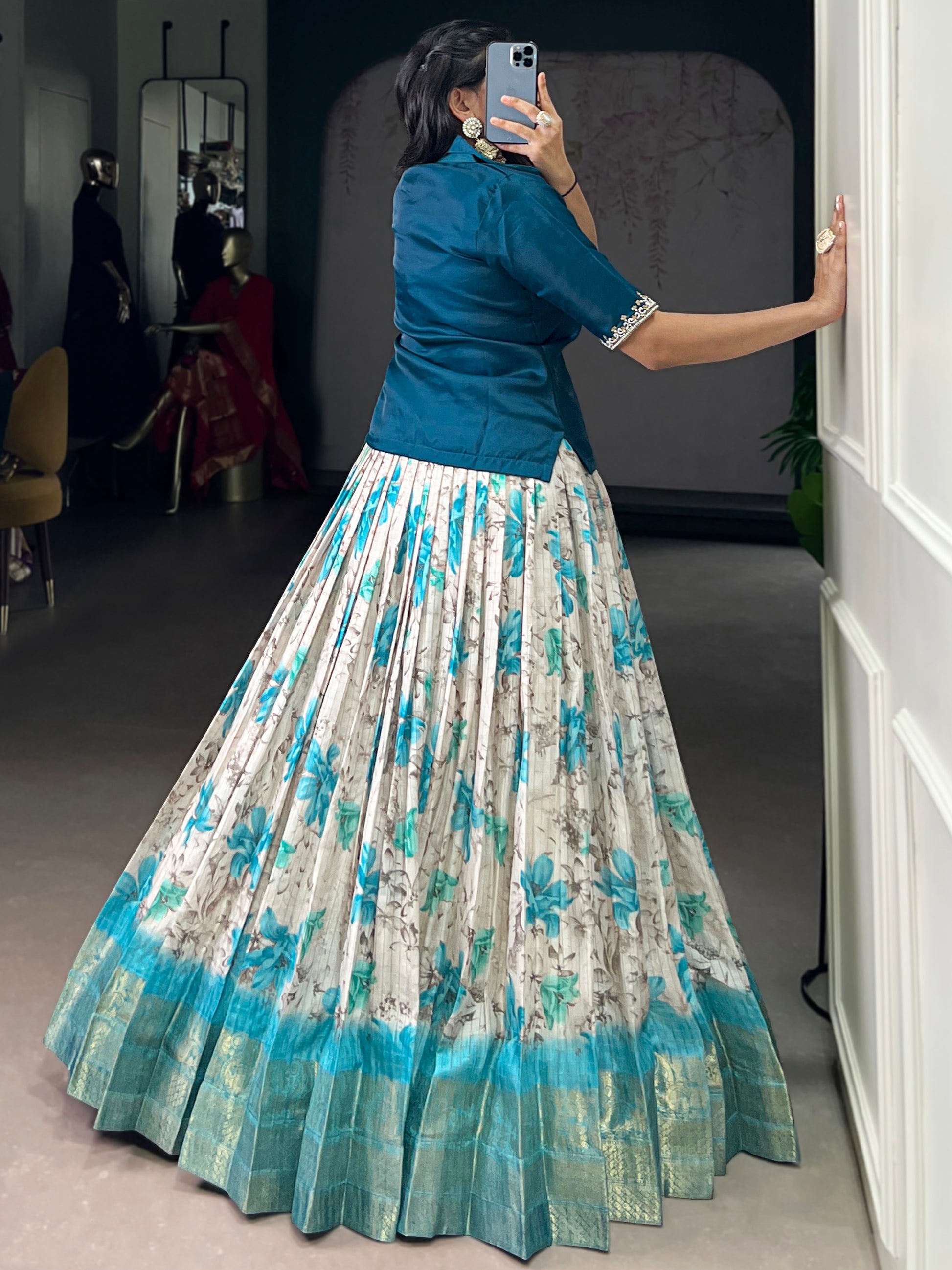 Precious Teal Blue Floral Printed Silk Traditional Co-Ord Lehenga Choli Set