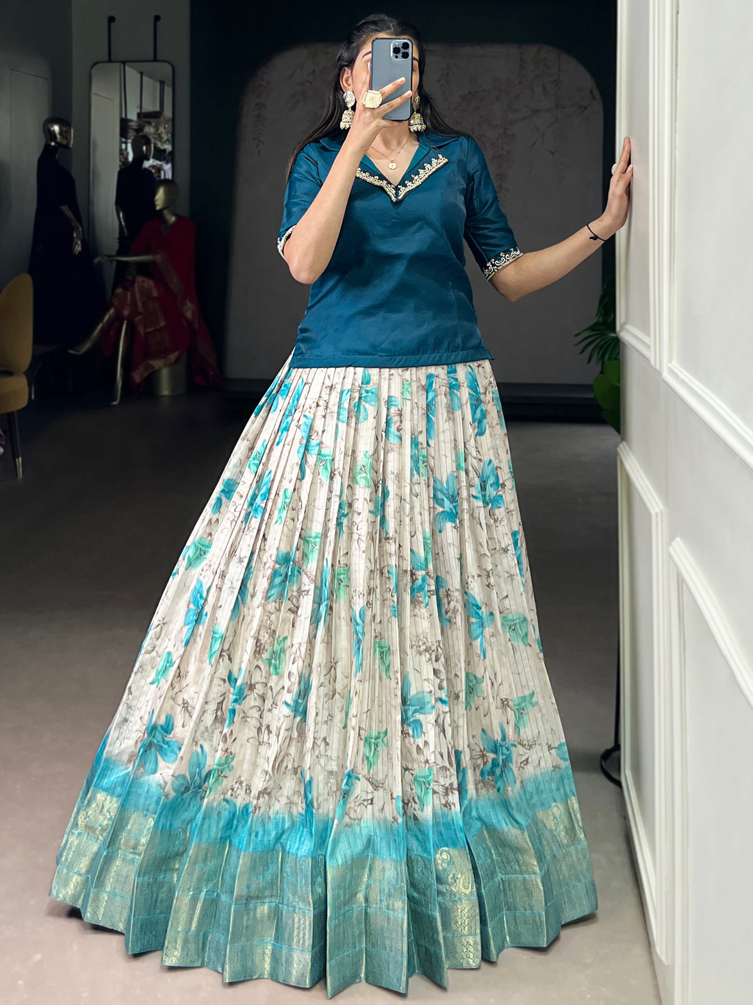 Precious Teal Blue Floral Printed Silk Traditional Co-Ord Lehenga Choli Set