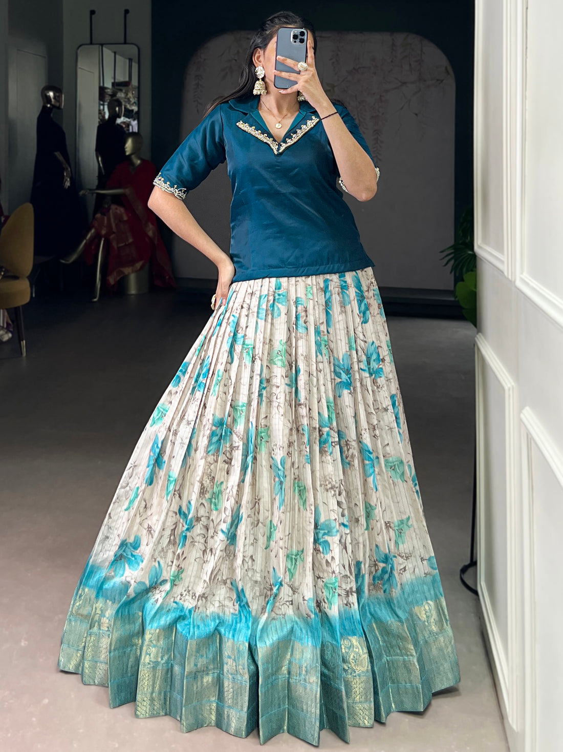 Precious Teal Blue Floral Printed Silk Traditional Co-Ord Lehenga Choli Set
