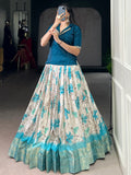 Precious Teal Blue Floral Printed Silk Traditional Co-Ord Lehenga Choli Set