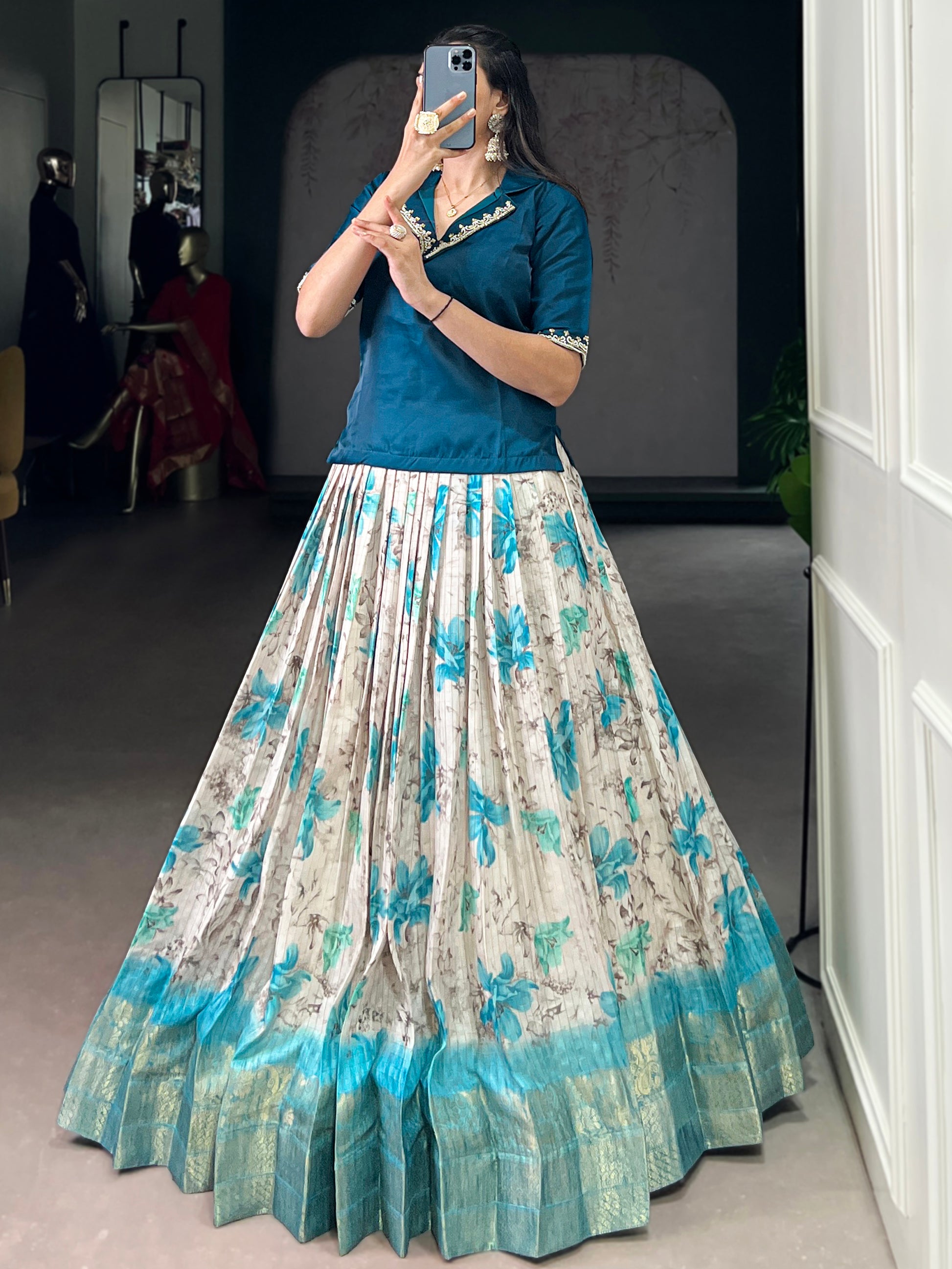 Precious Teal Blue Floral Printed Silk Traditional Co-Ord Lehenga Choli Set