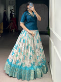 Precious Teal Blue Floral Printed Silk Traditional Co-Ord Lehenga Choli Set