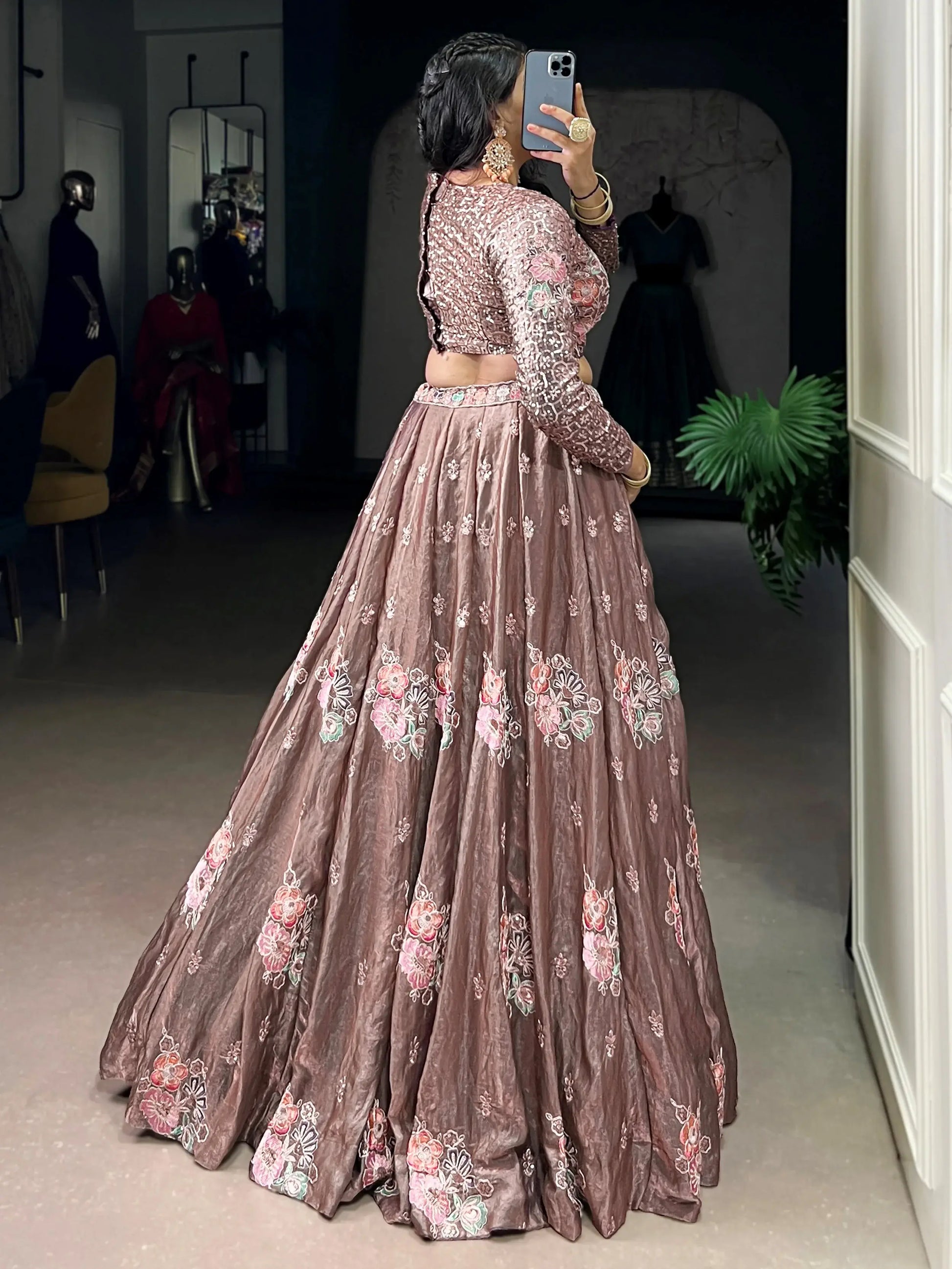 Stylish Dusty Pink Floral Embroidered Organza Sangeet Wear Crop Top Lehenga