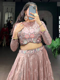 Stylish Dusty Pink Floral Embroidered Organza Sangeet Wear Crop Top Lehenga