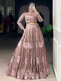 Stylish Dusty Pink Floral Embroidered Organza Sangeet Wear Crop Top Lehenga