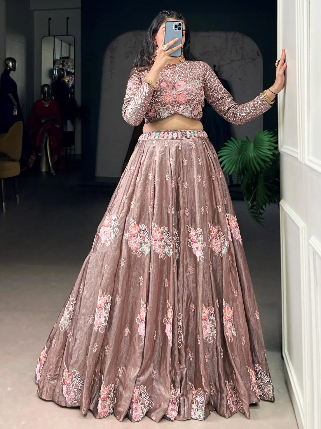 Stylish Dusty Pink Floral Embroidered Organza Sangeet Wear Crop Top Lehenga