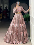 Stylish Dusty Pink Floral Embroidered Organza Sangeet Wear Crop Top Lehenga