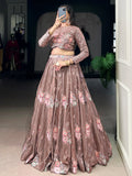 Stylish Dusty Pink Floral Embroidered Organza Sangeet Wear Crop Top Lehenga