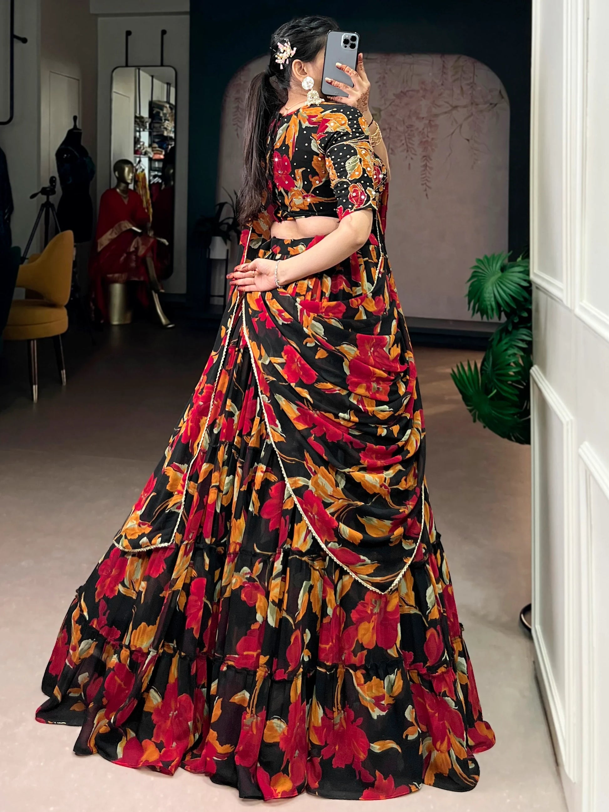 Magnetic Black Floral Printed Georgette Bridesmaid Lehenga Choli