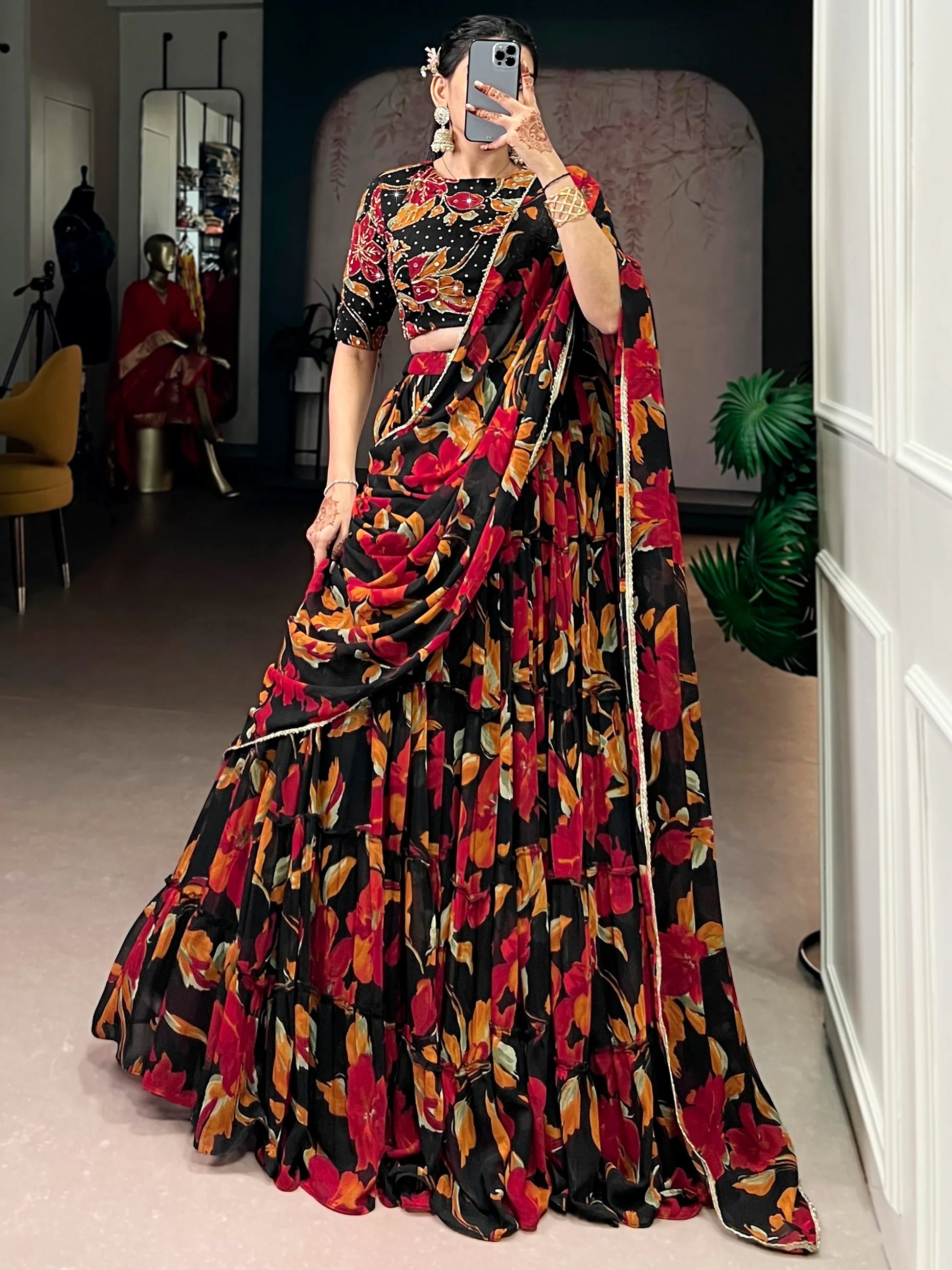 Magnetic Black Floral Printed Georgette Bridesmaid Lehenga Choli