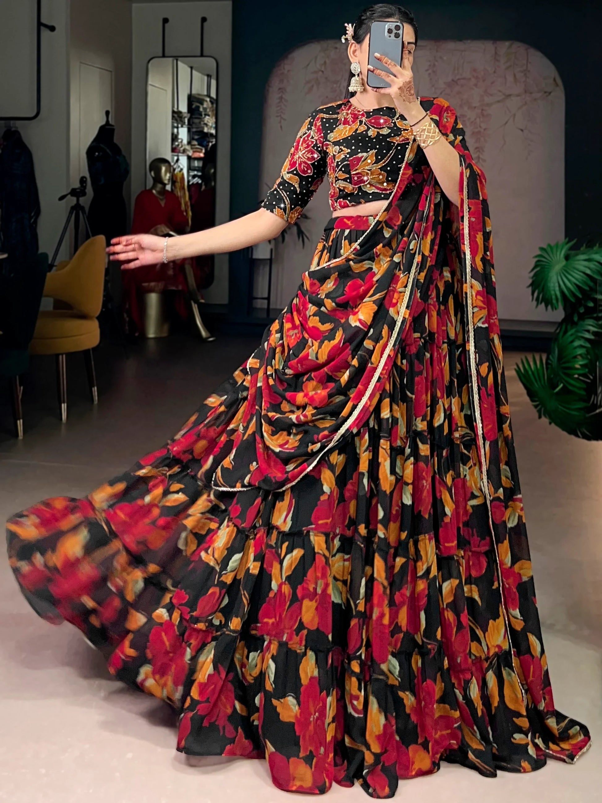 Magnetic Black Floral Printed Georgette Bridesmaid Lehenga Choli