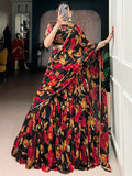 Magnetic Black Floral Printed Georgette Bridesmaid Lehenga Choli