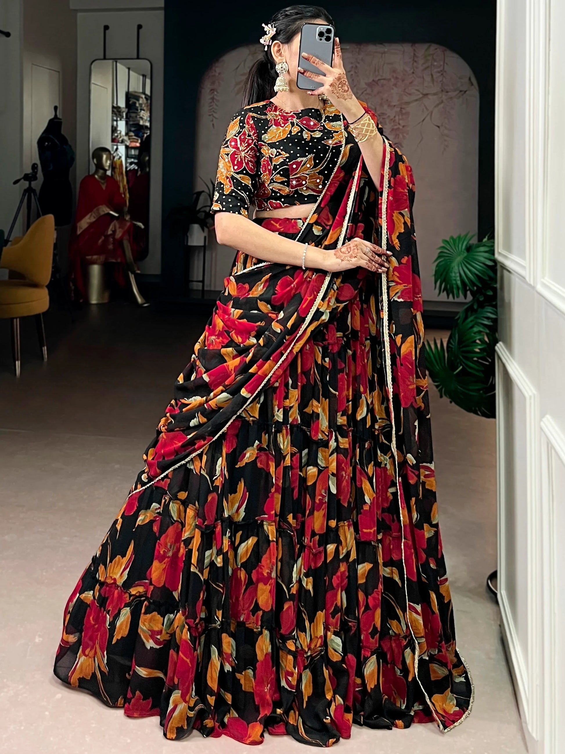 Magnetic Black Floral Printed Georgette Bridesmaid Lehenga Choli