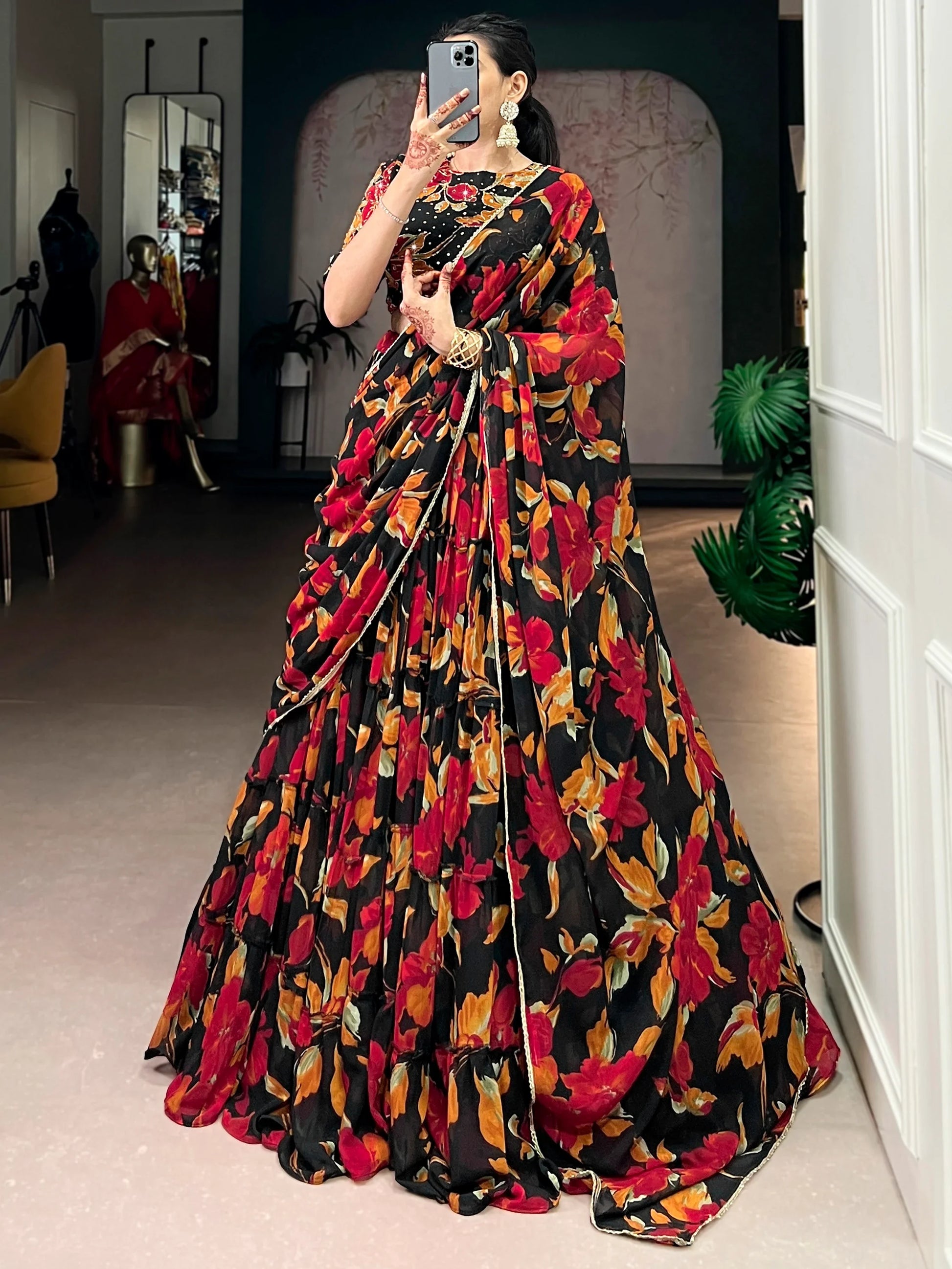 Magnetic Black Floral Printed Georgette Bridesmaid Lehenga Choli