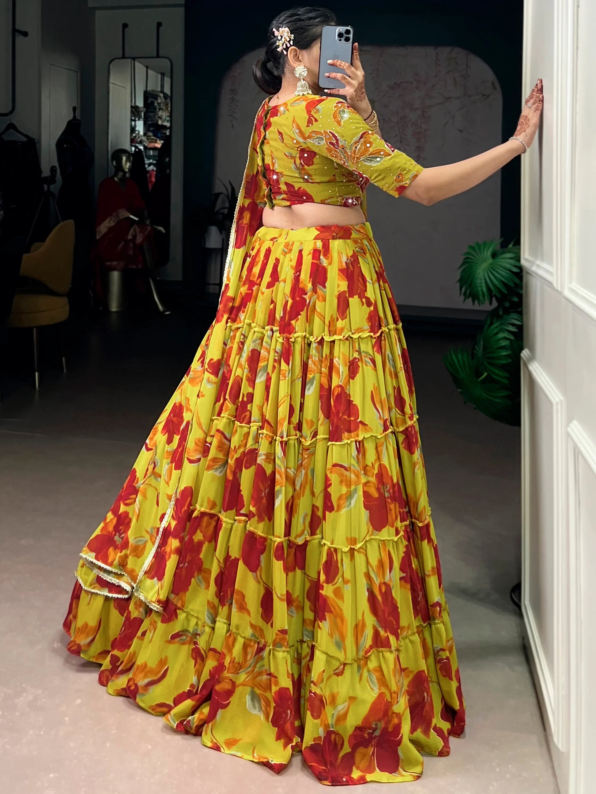 Gorgeous Yellow Floral Printed Georgette Haldi Wear Lehenga Choli With Dupatta