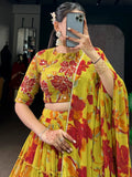 Gorgeous Yellow Floral Printed Georgette Haldi Wear Lehenga Choli With Dupatta