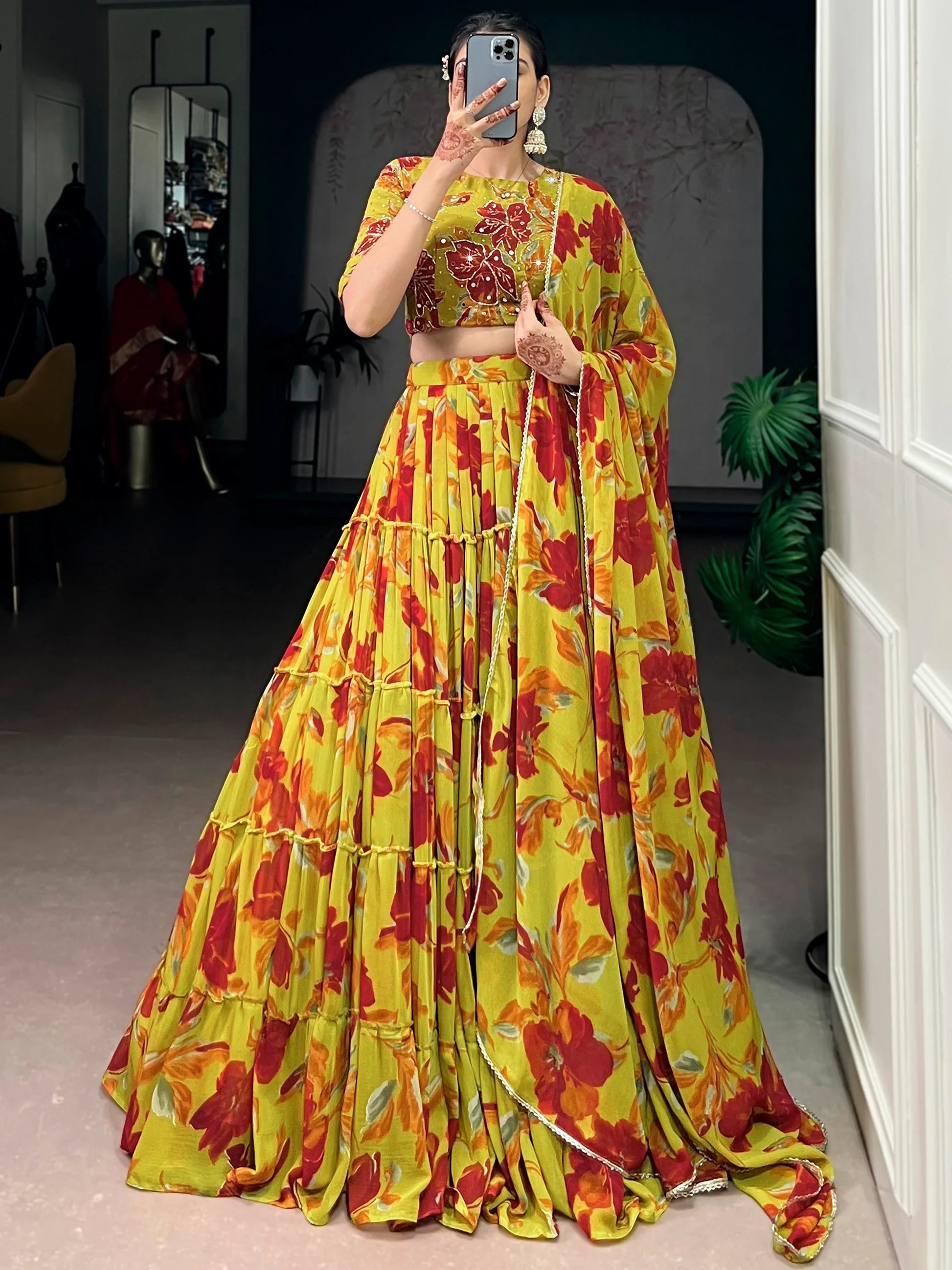 Gorgeous Yellow Floral Printed Georgette Haldi Wear Lehenga Choli With Dupatta