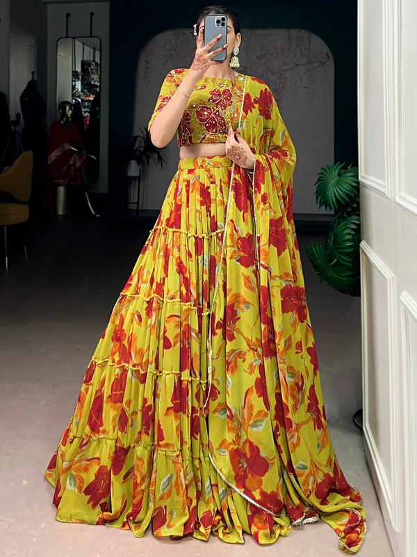 Gorgeous Yellow Floral Printed Georgette Haldi Wear Lehenga Choli With Dupatta