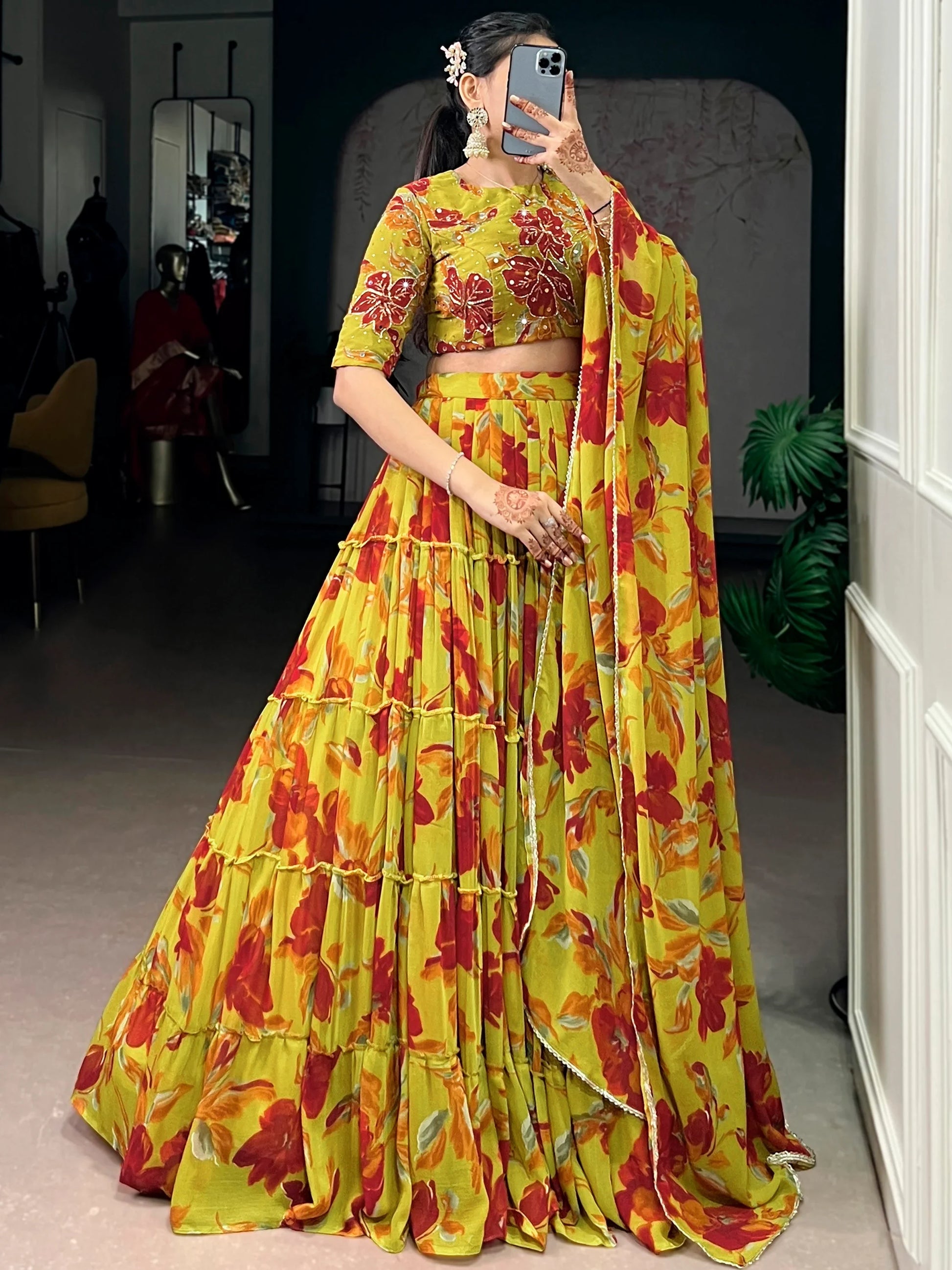 Gorgeous Yellow Floral Printed Georgette Haldi Wear Lehenga Choli With Dupatta