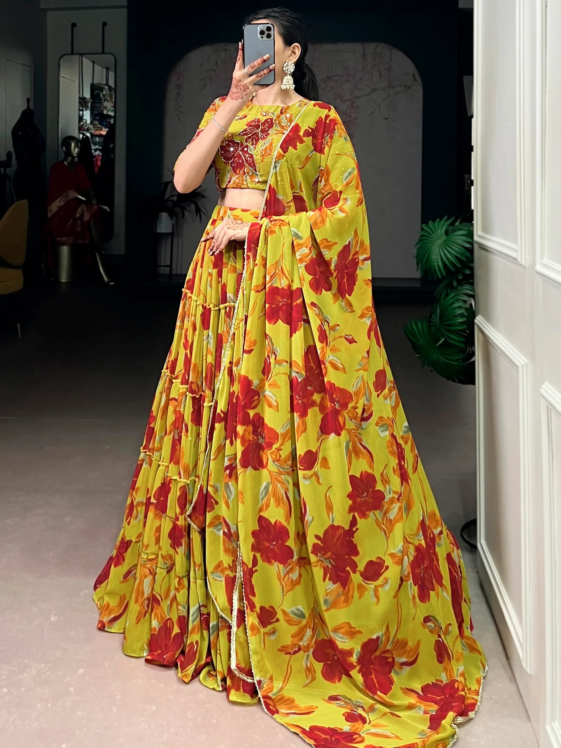 Gorgeous Yellow Floral Printed Georgette Haldi Wear Lehenga Choli With Dupatta