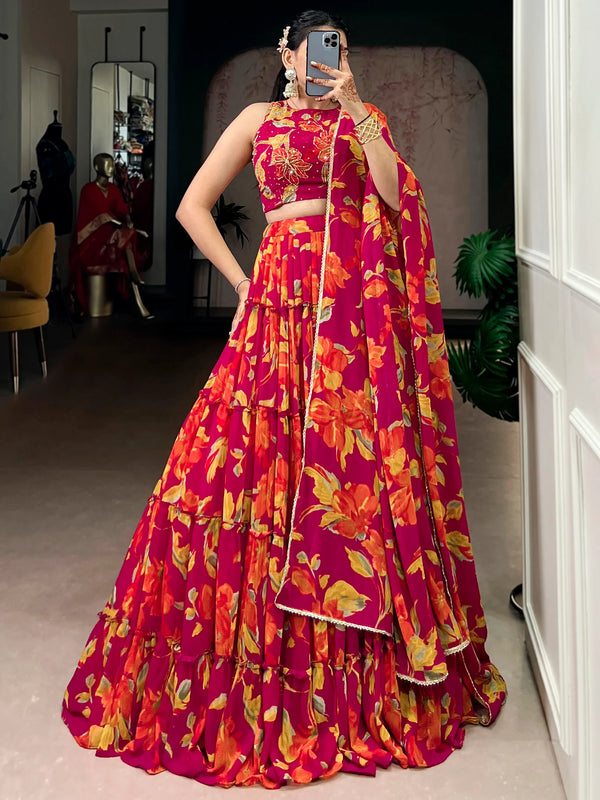 Pretty Pink Floral Printed Georgette Function Wear Lehenga Choli With Dupatta