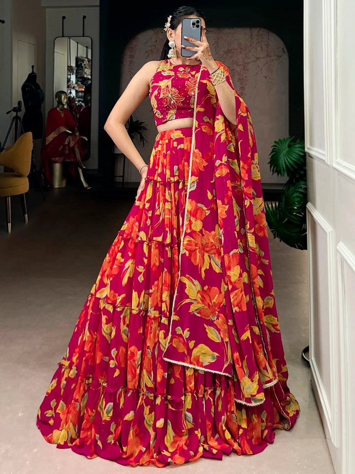Pretty Pink Floral Printed Georgette Function Wear Lehenga Choli With Dupatta