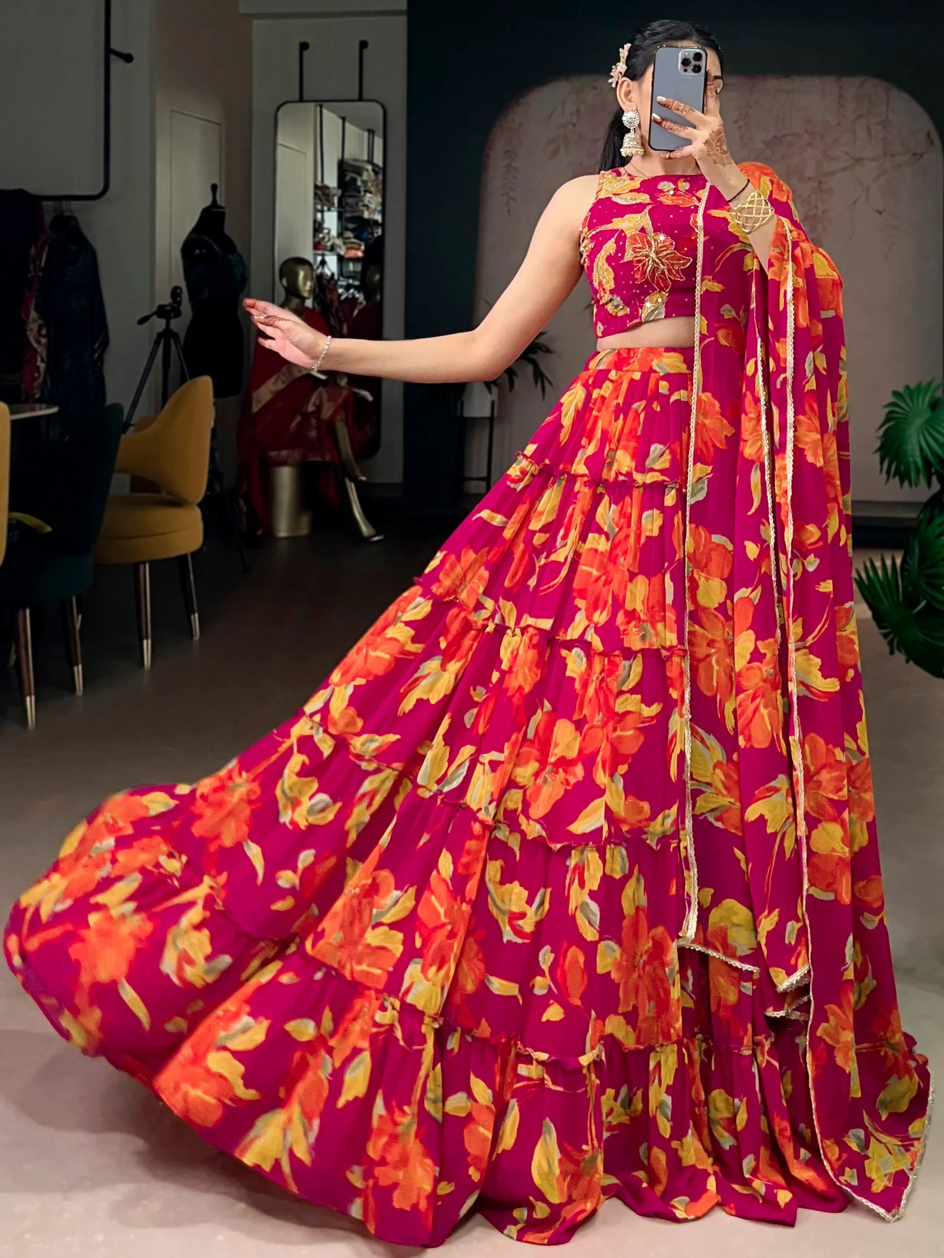 Pretty Pink Floral Printed Georgette Function Wear Lehenga Choli With Dupatta