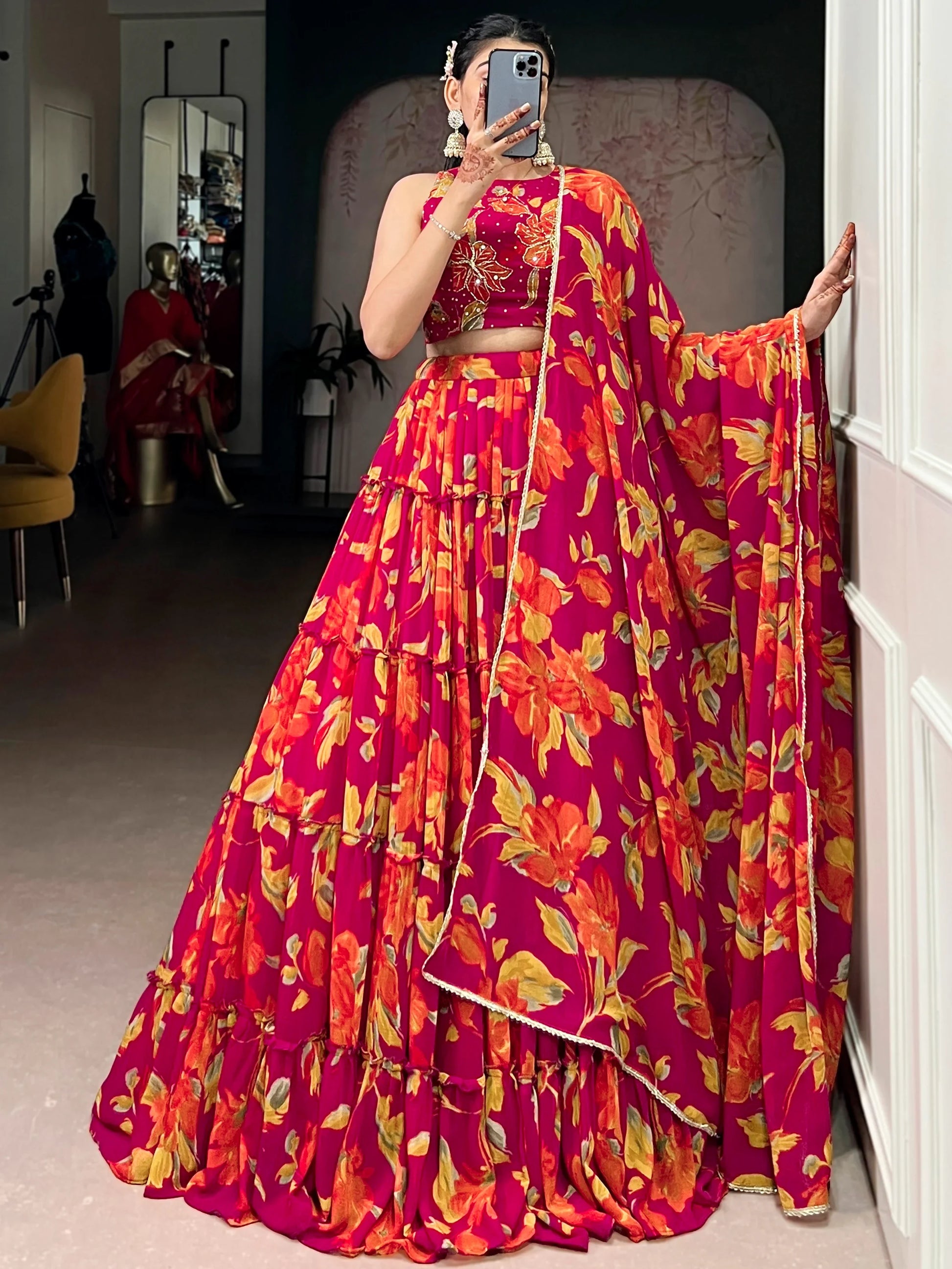 Pretty Pink Floral Printed Georgette Function Wear Lehenga Choli With Dupatta