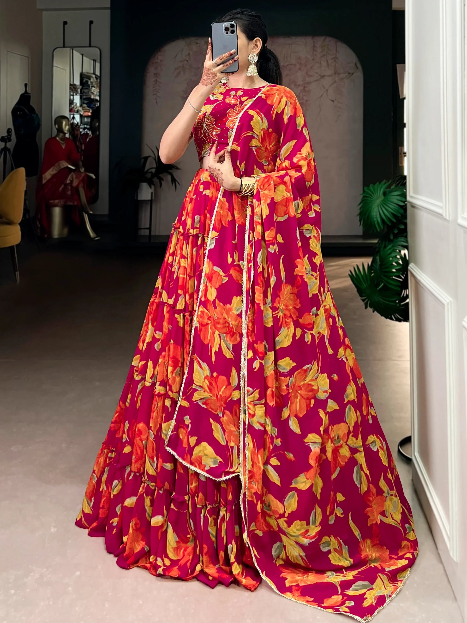 Pretty Pink Floral Printed Georgette Function Wear Lehenga Choli With Dupatta