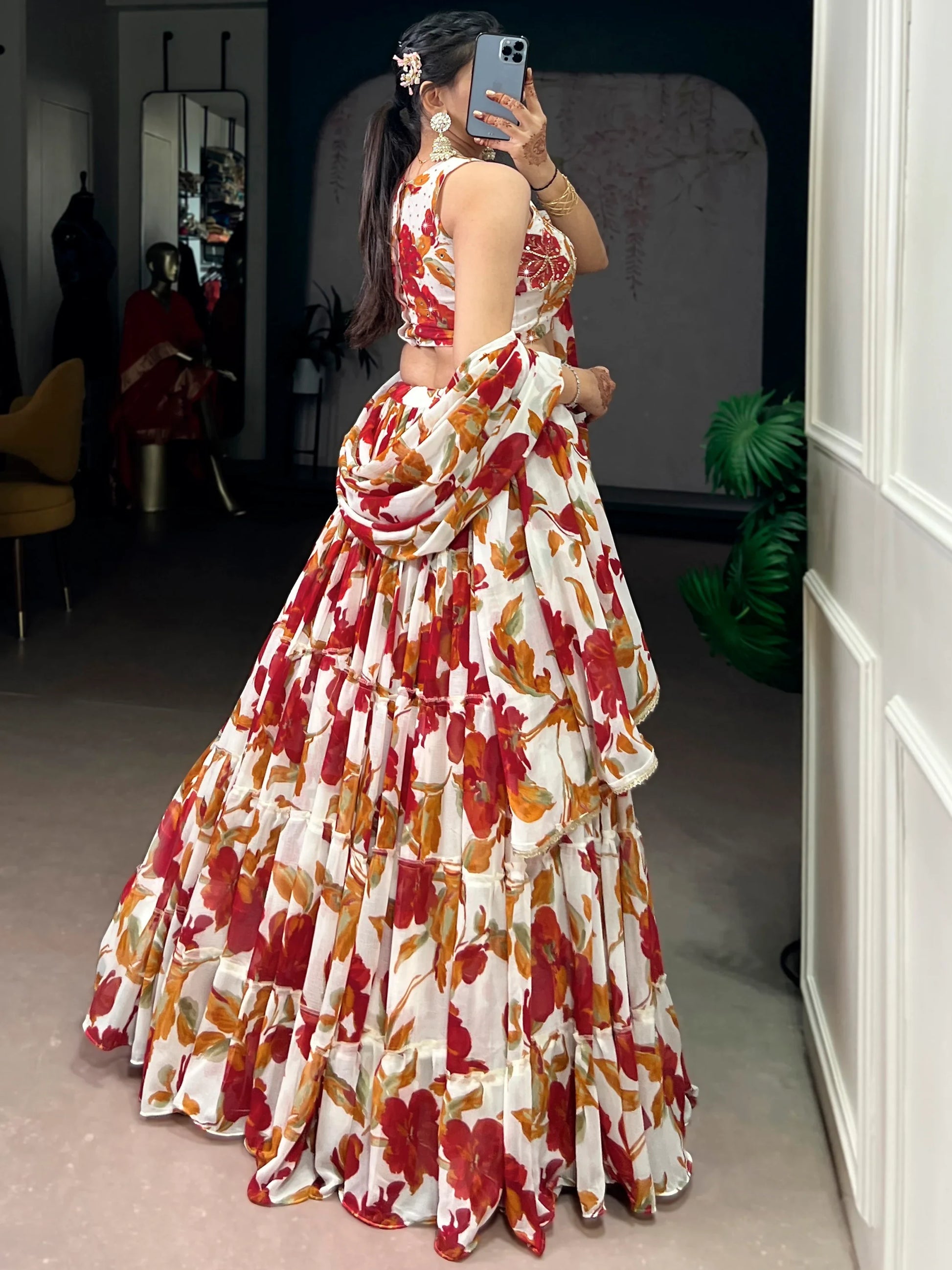 Classic White Floral Printed Georgette Festive Wear Lehenga With Blouse