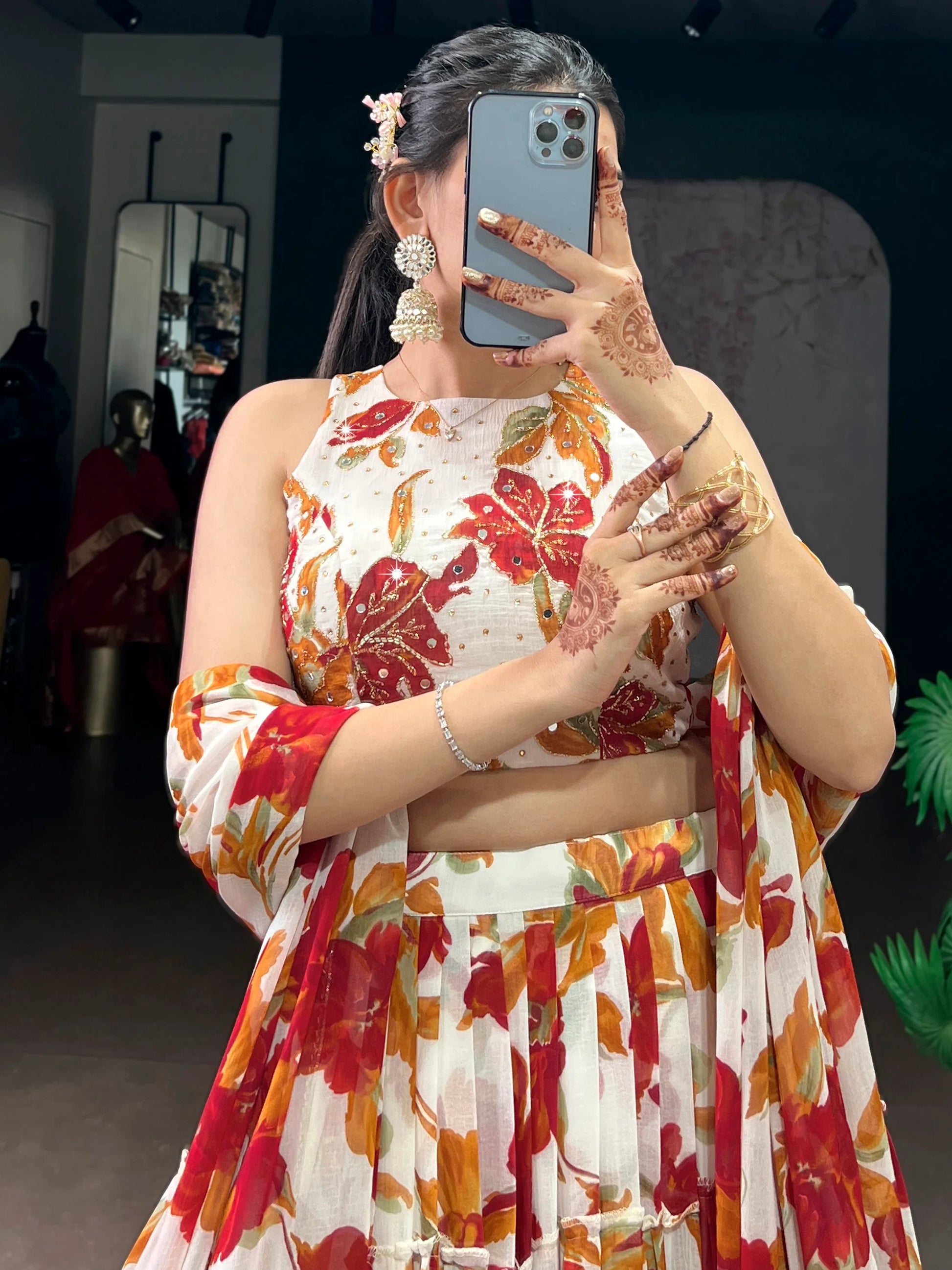 Classic White Floral Printed Georgette Festive Wear Lehenga With Blouse