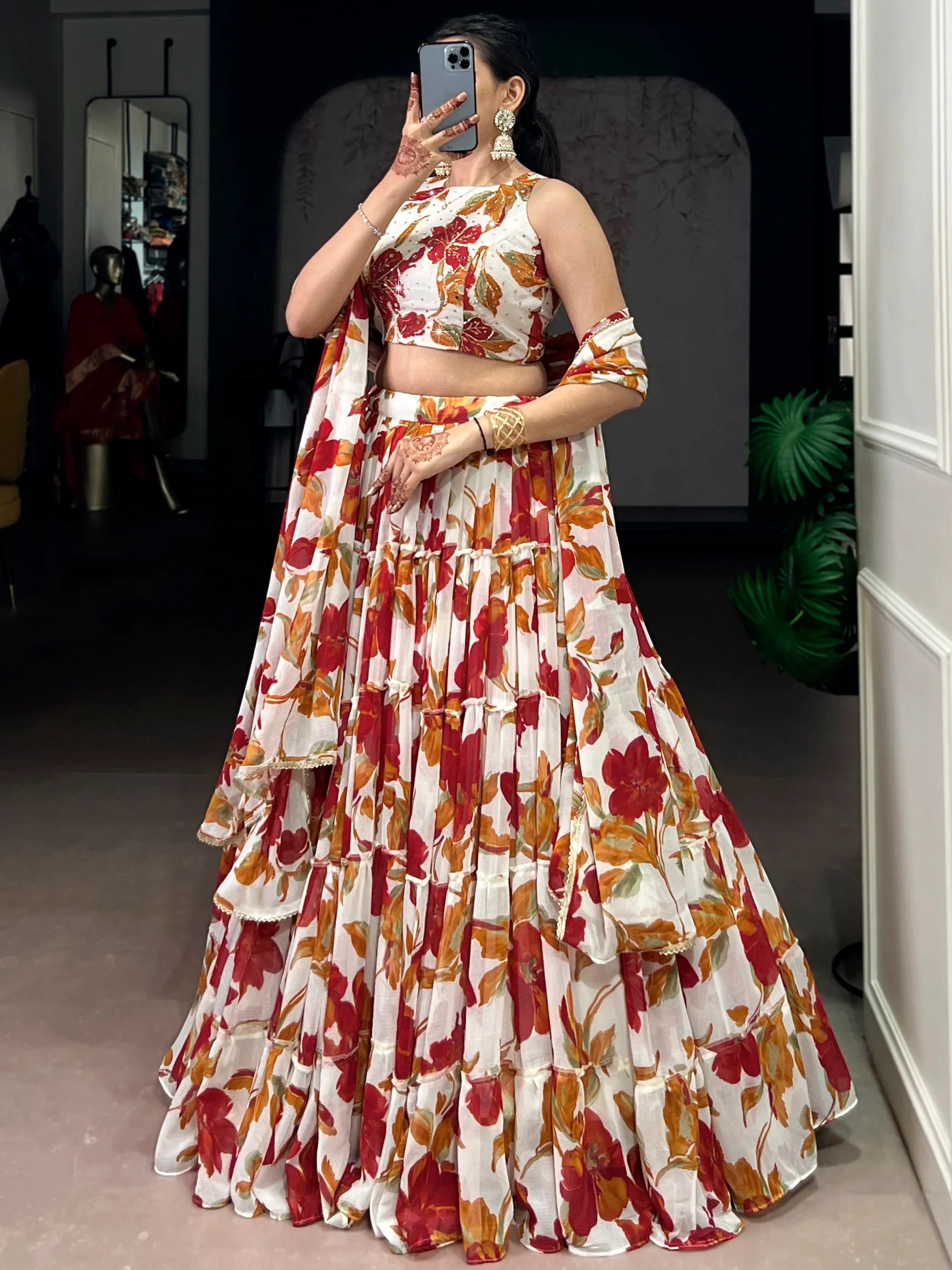 Classic White Floral Printed Georgette Festive Wear Lehenga With Blouse